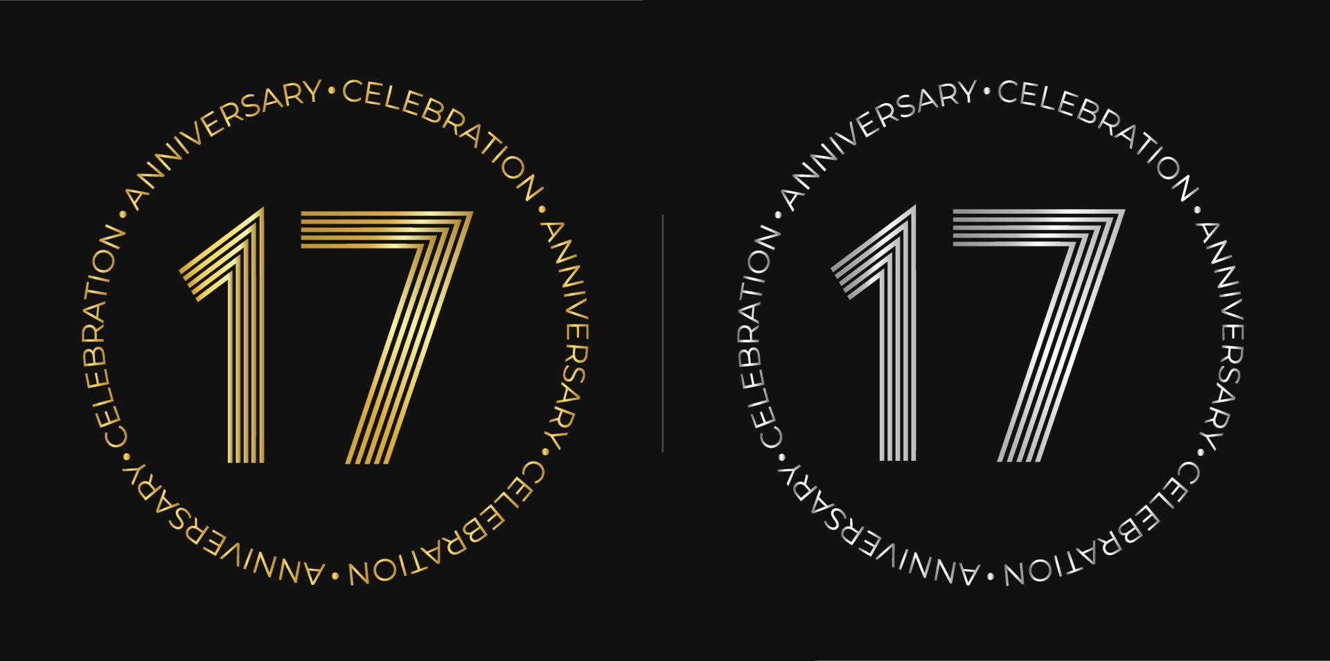 17. Geburtstag. siebzehn Jahre Jubiläumsfeier Banner in goldenen und silbernen Farben. kreisförmiges Logo mit originellem Zahlendesign in eleganten Linien. vektor
