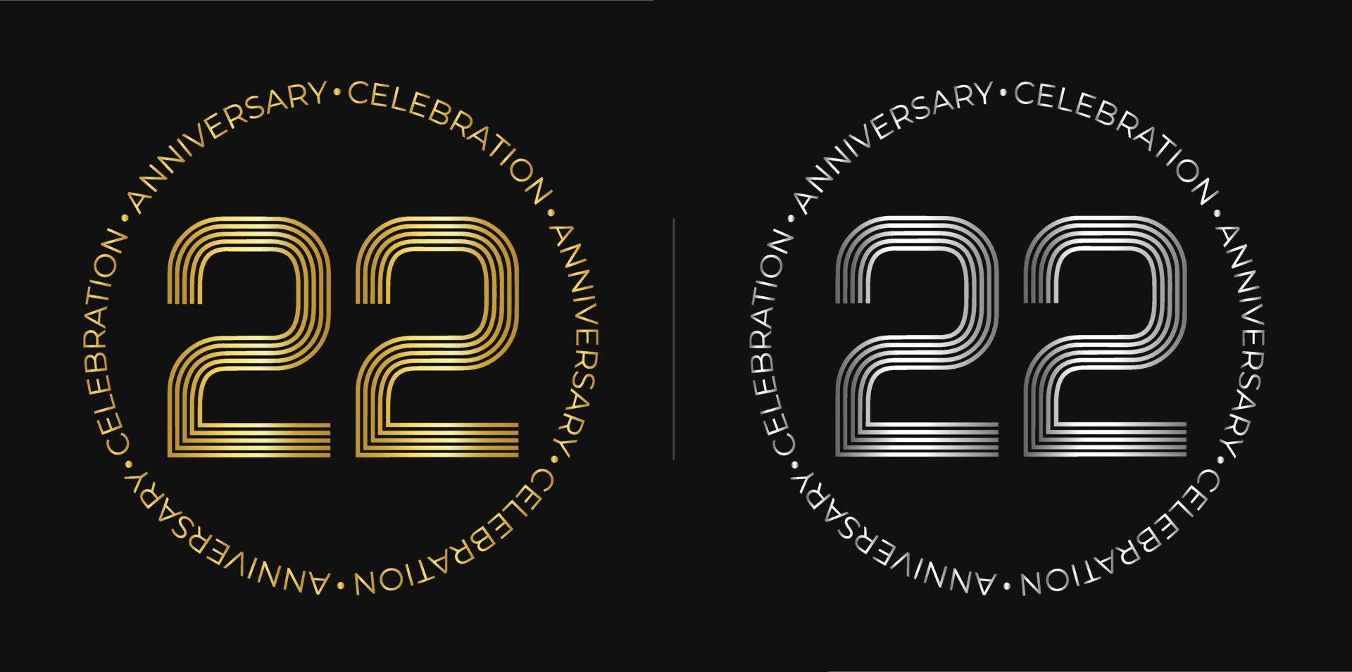 22. Geburtstag. 22-jähriges Jubiläumsbanner in goldenen und silbernen Farben. kreisförmiges Logo mit originellem Zahlendesign in eleganten Linien. vektor