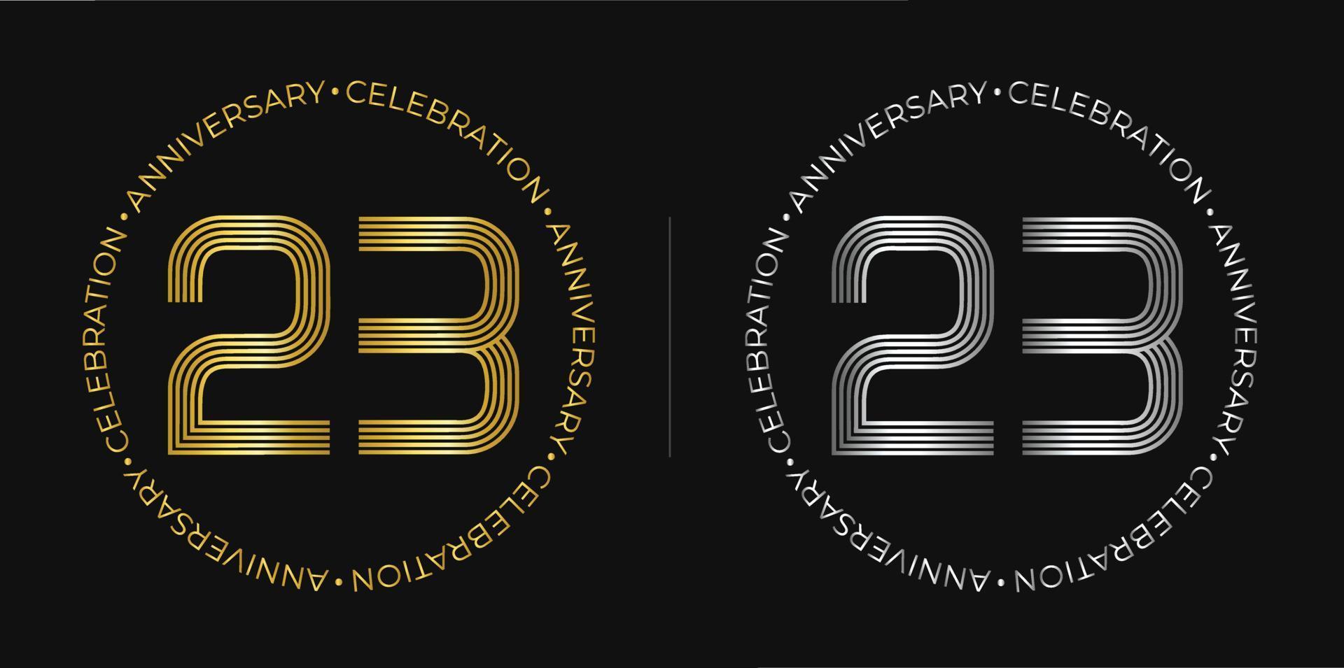 23. Geburtstag. 23-jähriges Jubiläumsbanner in goldenen und silbernen Farben. kreisförmiges Logo mit originellem Zahlendesign in eleganten Linien. vektor