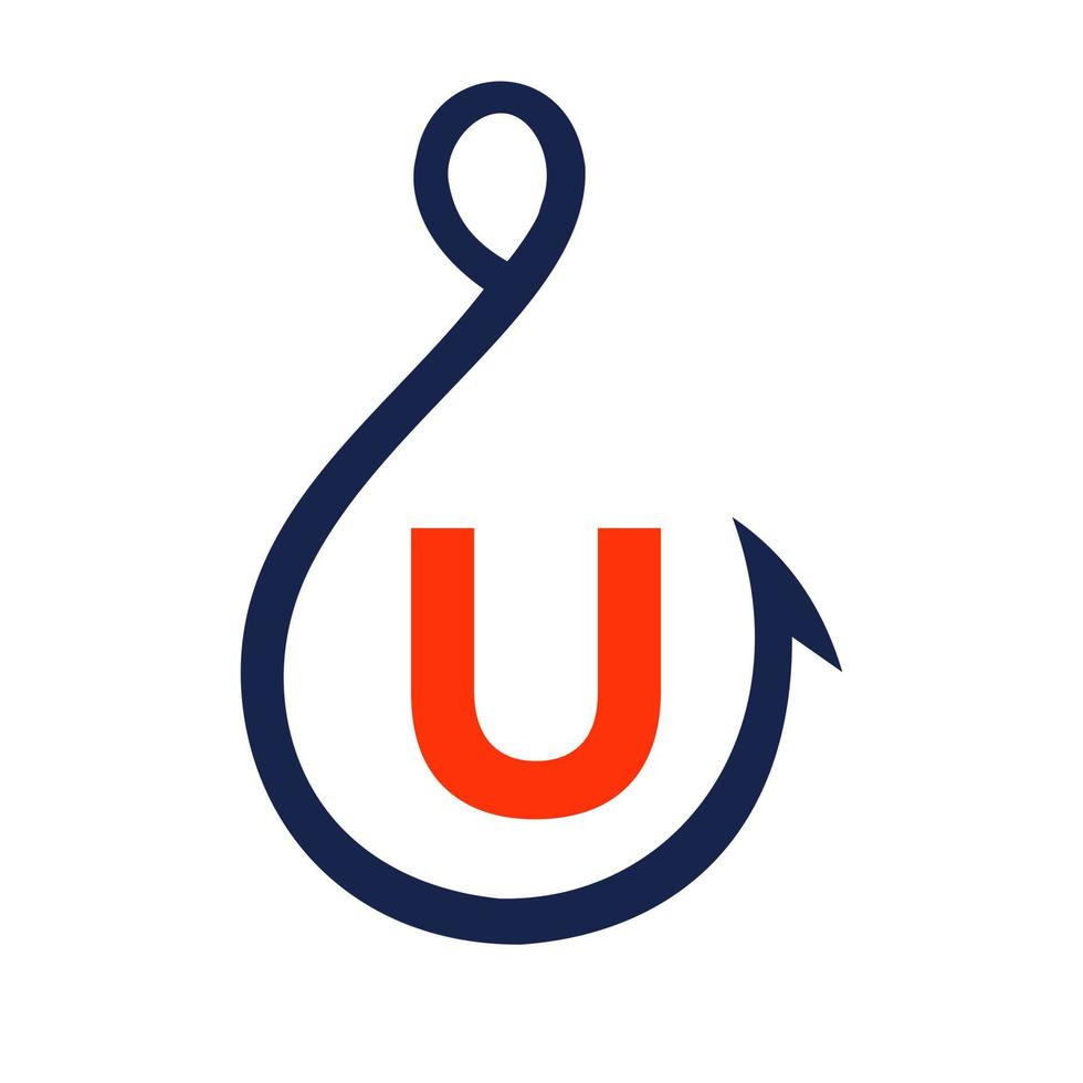 Angellogo auf Buchstabe u-Zeichen, Angelhaken-Logo-Vorlage vektor