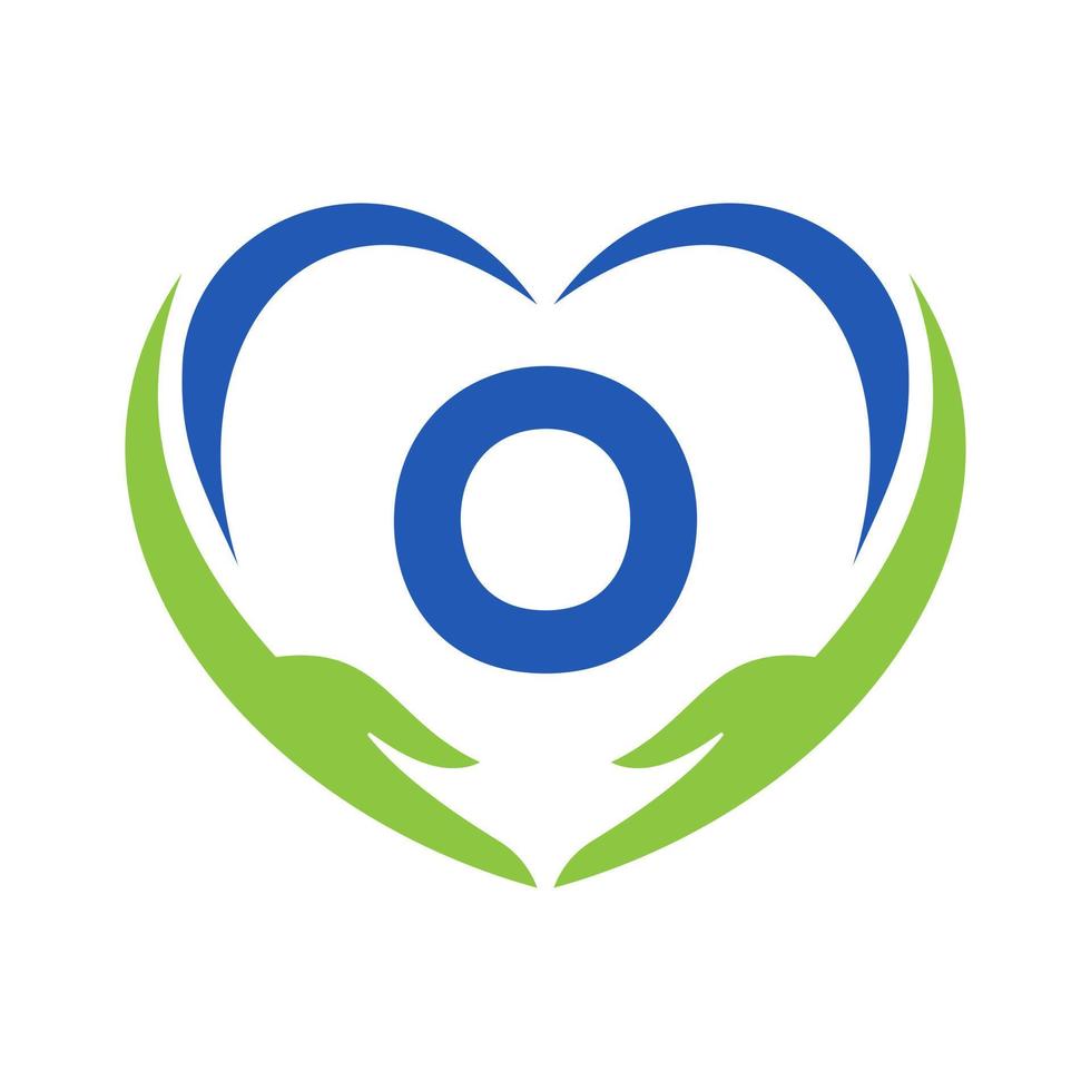 hand vård logotyp på brev o. välgörenhet logotyp, sjukvård vård, fundament med hand symbol vektor