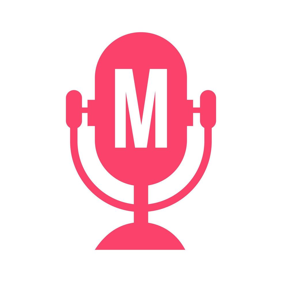 podcast radio logotyp på brev m design använder sig av mikrofon mall. dj musik, podcast logotyp design, blanda audio utsända vektor