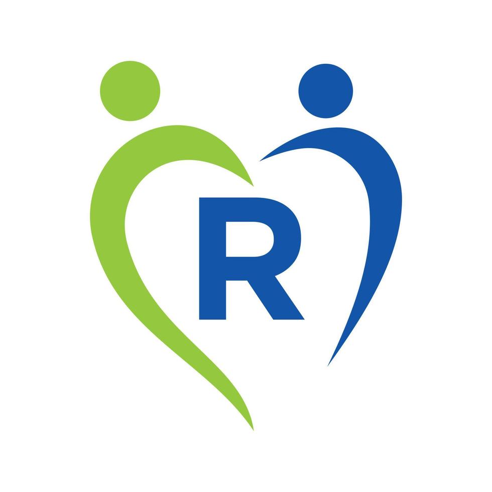 Community-Care-Logo auf Buchstabe r-Vektorvorlage. Teamarbeit, Herz, Menschen, Familienpflege, Liebeslogos. Wohltätigkeitsstiftung kreatives Spendenschild für wohltätige Zwecke vektor