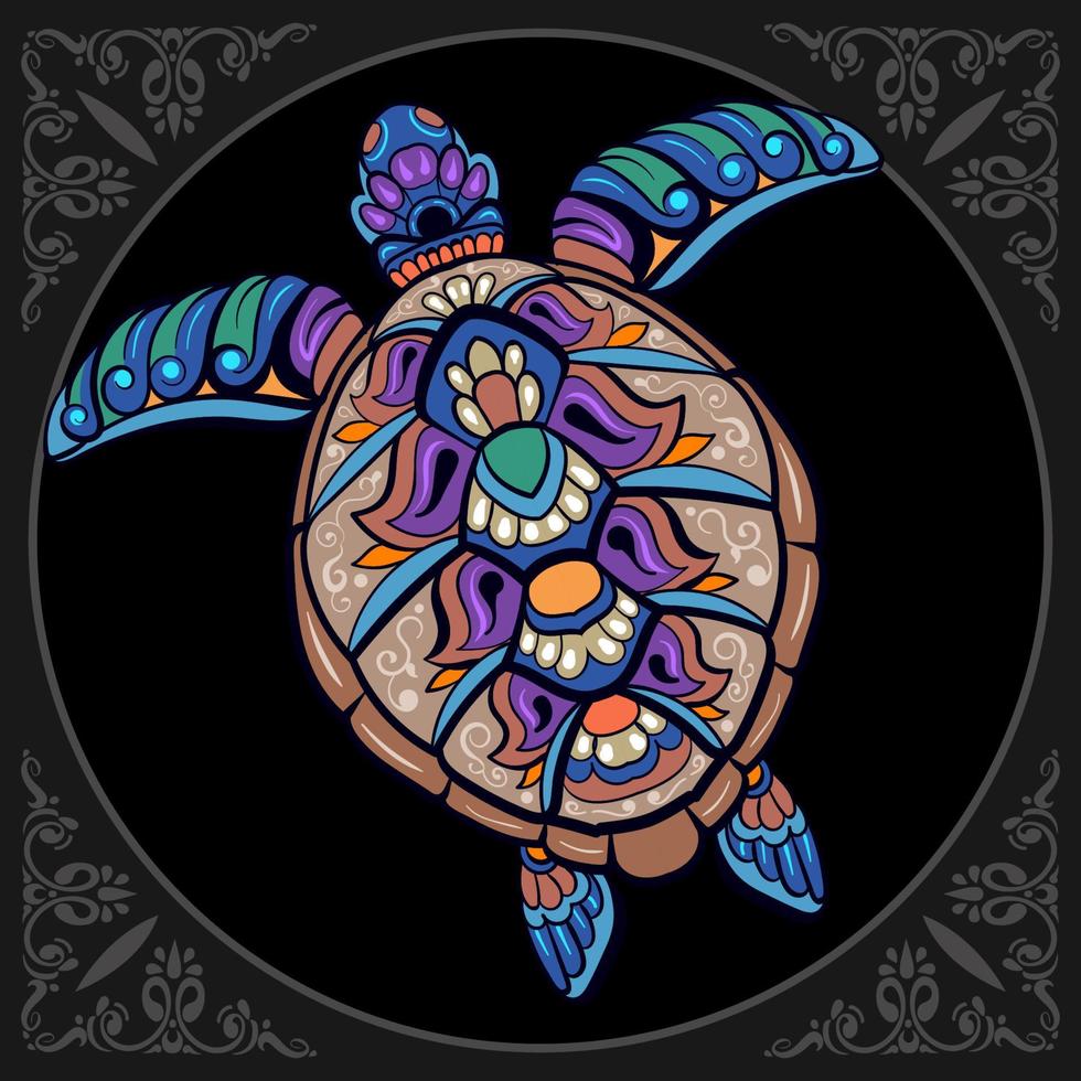 bunte Meeresschildkröten-Mandala-Kunst isoliert auf schwarzem Hintergrund vektor