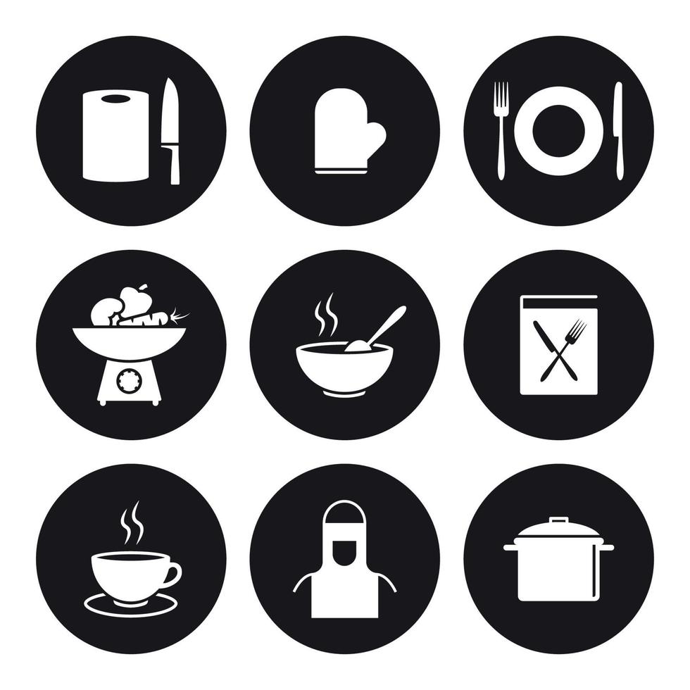 matlagning och kök ikoner. vit på en svart bakgrund vektor