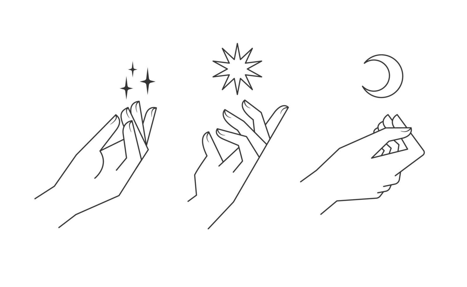 estetisk händer vektor linjär illustrationer. stiliserade elegant hand ritningar med annorlunda gester.