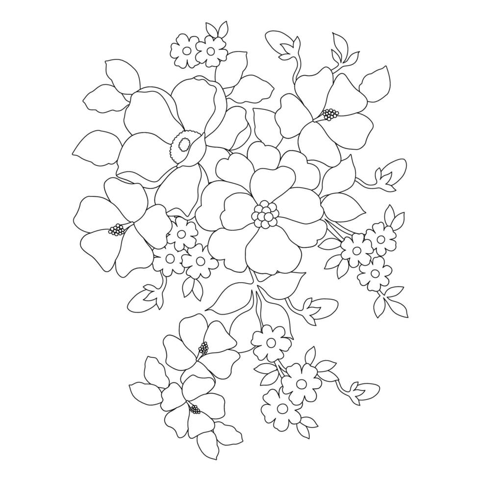blommig färg sidor, blomma linje konst, siluett konst linje blommig mönster, kontur svart och vit blomma ritning, kontur botanisk grafik, blommig design på vit bakgrund, grundläggande blomma design vektor