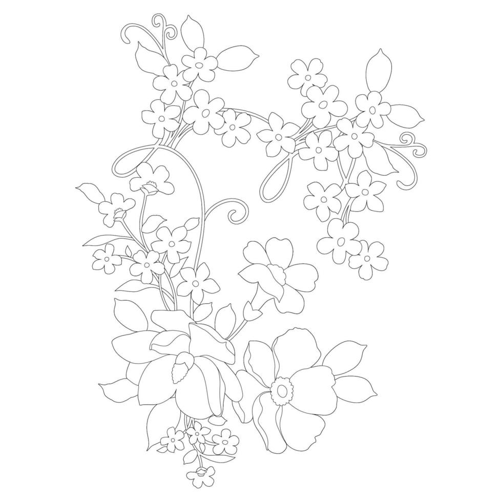 blommig färg sidor, blomma linje konst, siluett konst linje blommig mönster, kontur svart och vit blomma ritning, kontur botanisk grafik, blommig design på vit bakgrund, grundläggande blomma design vektor