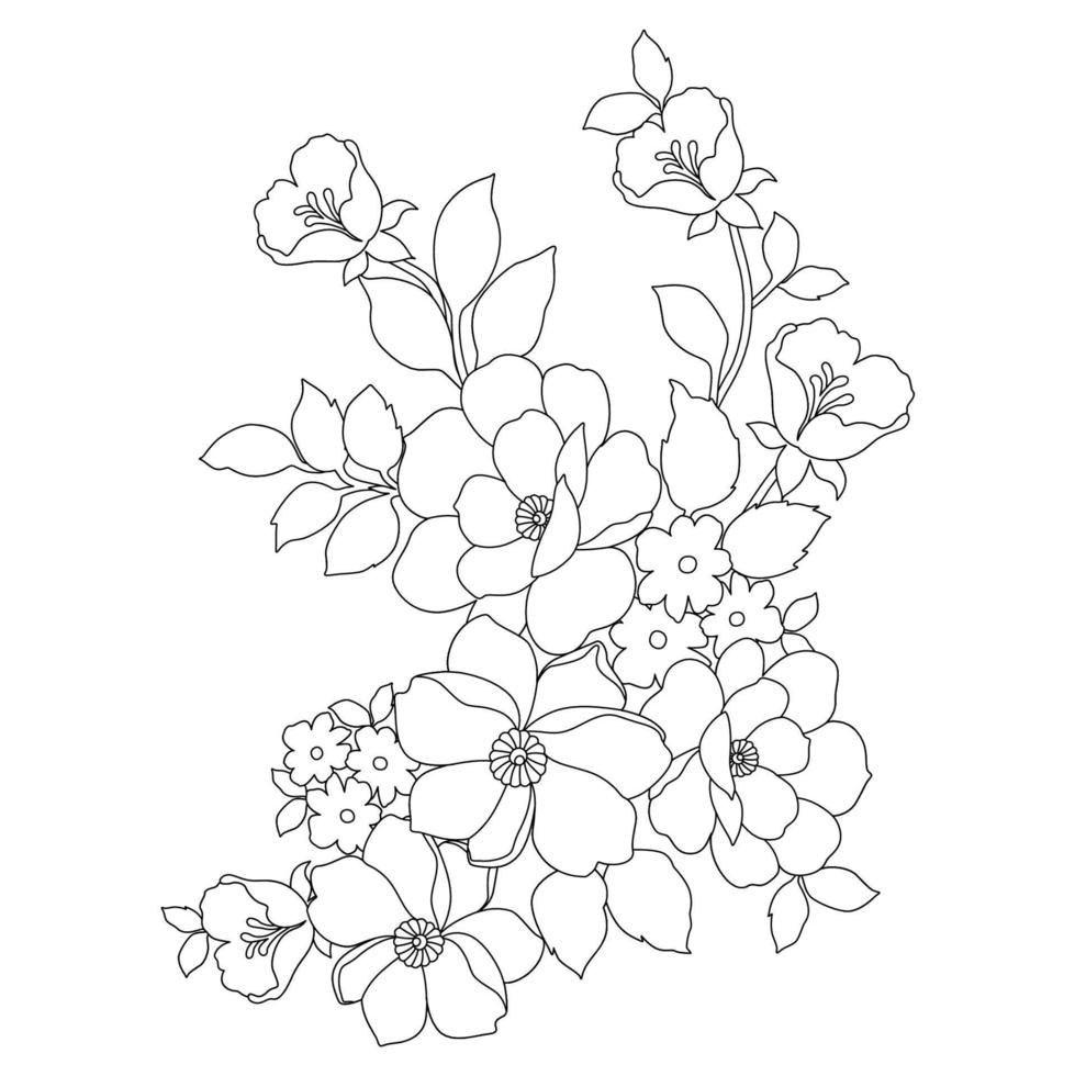 blommig färg sidor, blomma linje konst, siluett konst linje blommig mönster, kontur svart och vit blomma ritning, kontur botanisk grafik, blommig design på vit bakgrund, grundläggande blomma design vektor