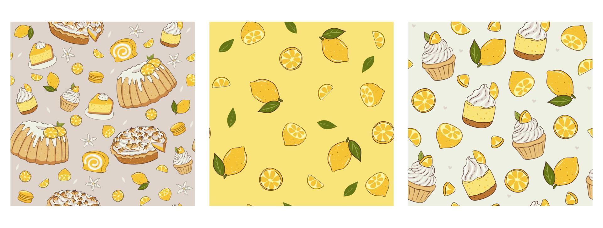 uppsättning av mönster med citroner och desserter. vektor grafik.