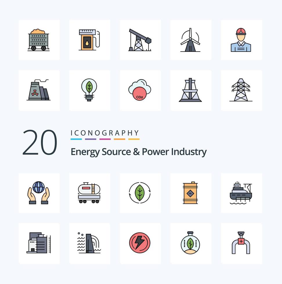 20 energi källa och kraft industri linje fylld Färg ikon packa tycka om båt toxisk energi olja tunna tunna vektor