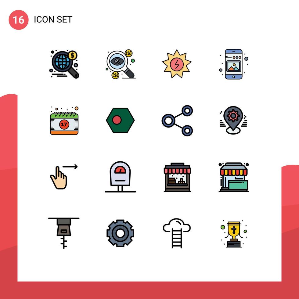 mobil gränssnitt platt Färg fylld linje uppsättning av 16 piktogram av bild mobil skatter bild kraft redigerbar kreativ vektor design element