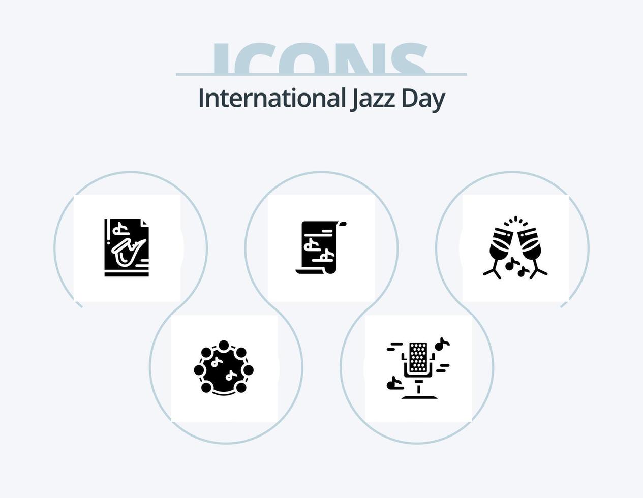 internationell jazz dag glyf ikon packa 5 ikon design. media . ljud. saxofon. musik vektor