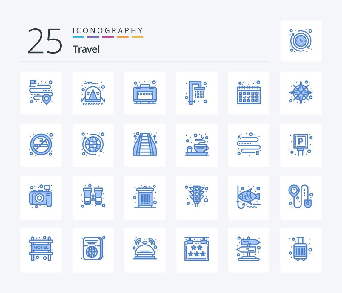 Travel 25 Blue Color Icon Pack inklusive Kompass. Termine. Fall. Kalender. Wasser vektor