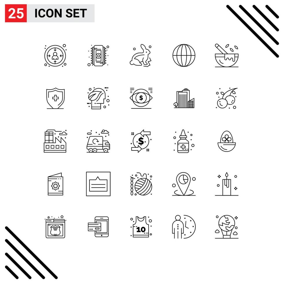 universell ikon symboler grupp av 25 modern rader av matlagning internet kanin klot jord redigerbar vektor design element