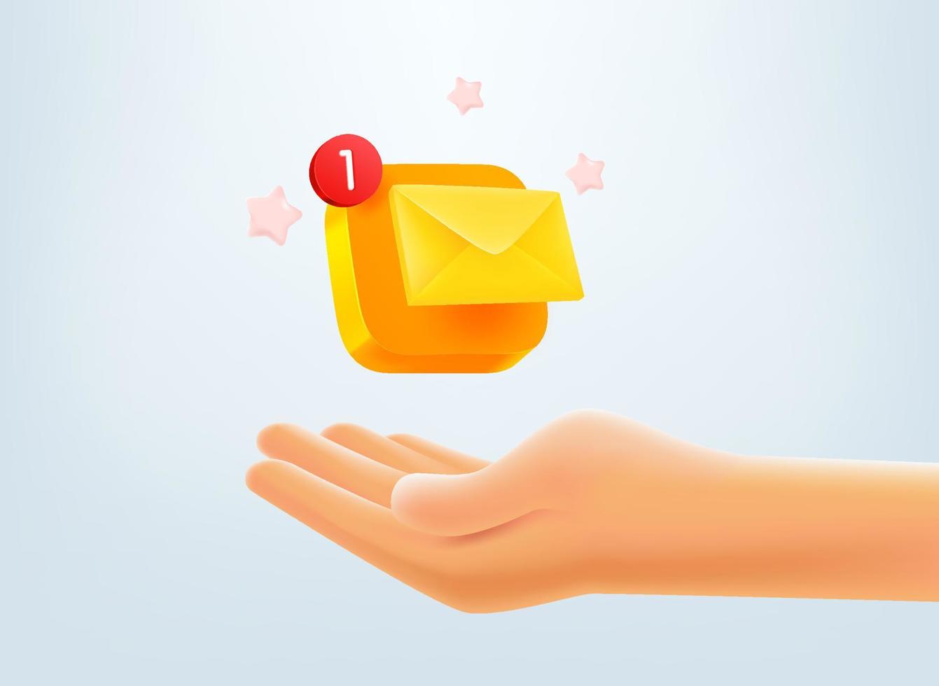 ny e-post brev begrepp. hand med kuvert knapp. 3d vektor mobil Ansökan ikon med underrättelse