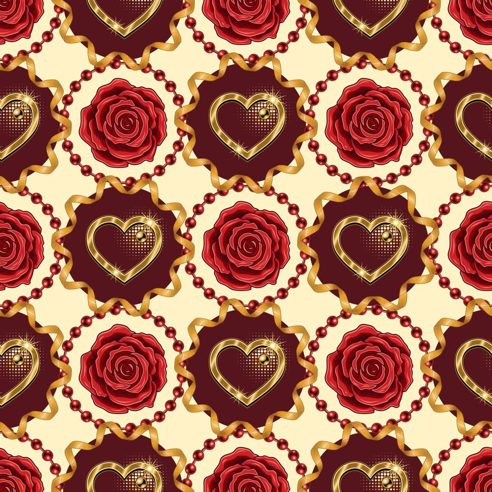 valentines dag sömlös geometrisk bakgrund med guld hjärta, band, pärlor. diagonal rutnät mönster med cirklar för bröllop, engagemang händelse, valentines dag, gåva dekoration. vektor