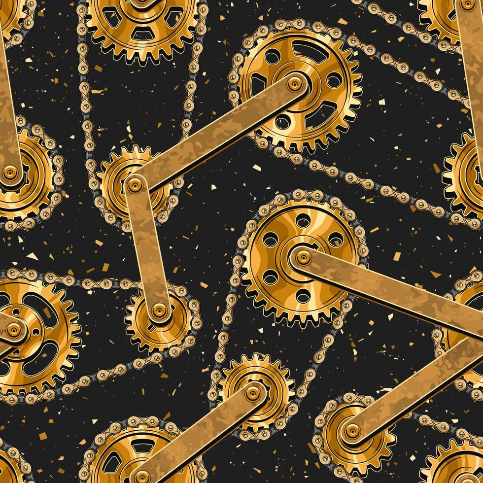 Nahtloses Muster mit polierten Goldzahnrädern, Fahrradketten, Nieten, Metallschienen auf strukturiertem dunklem Hintergrund mit kleinen Partikeln wie Staub, Partikeln. Vektorillustration im Steampunk-Stil. T-Shirt-Muster. vektor