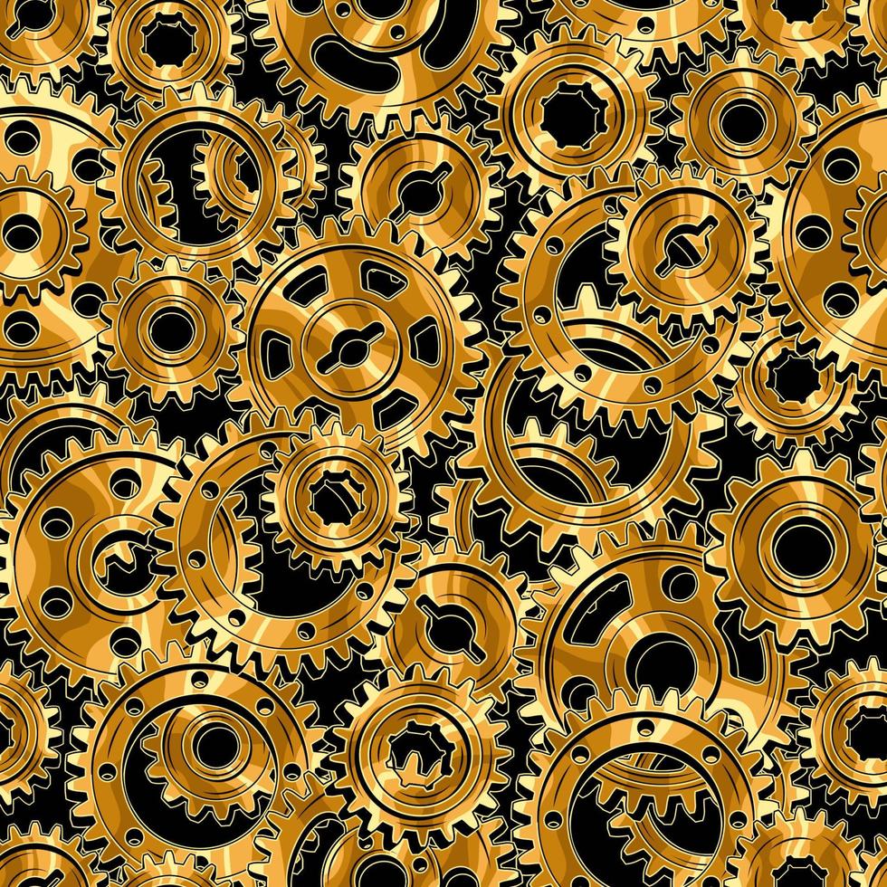 Nahtloses mechanisches Muster mit polierten goldenen Maschinenzahnrädern auf schwarzem Hintergrund. dichte Zusammensetzung. Steampunk-Stil. vektor