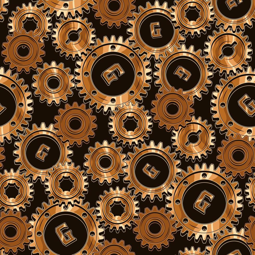 sömlös mekanisk mönster med rostig och polerad brons maskin kugghjul på en svart bakgrund. tät sammansättning. steampunk stil. vektor