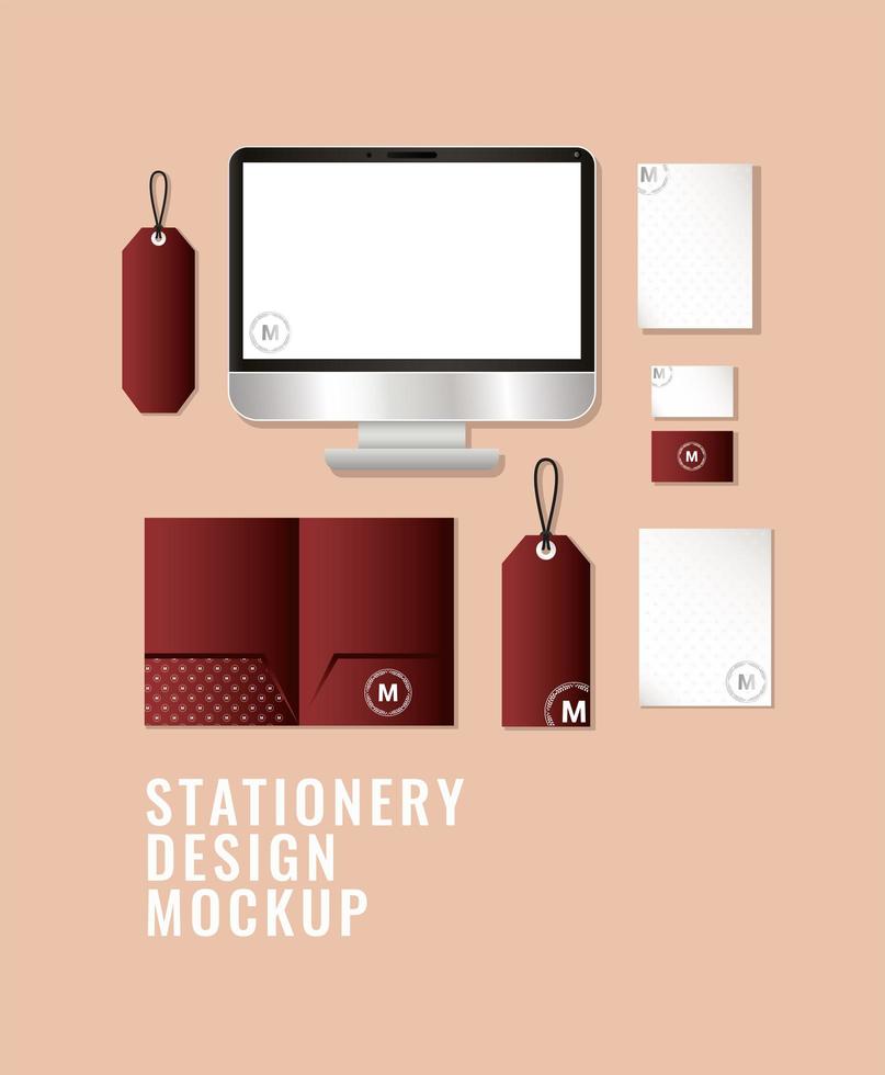 mockup set med mörkröd branding design vektor