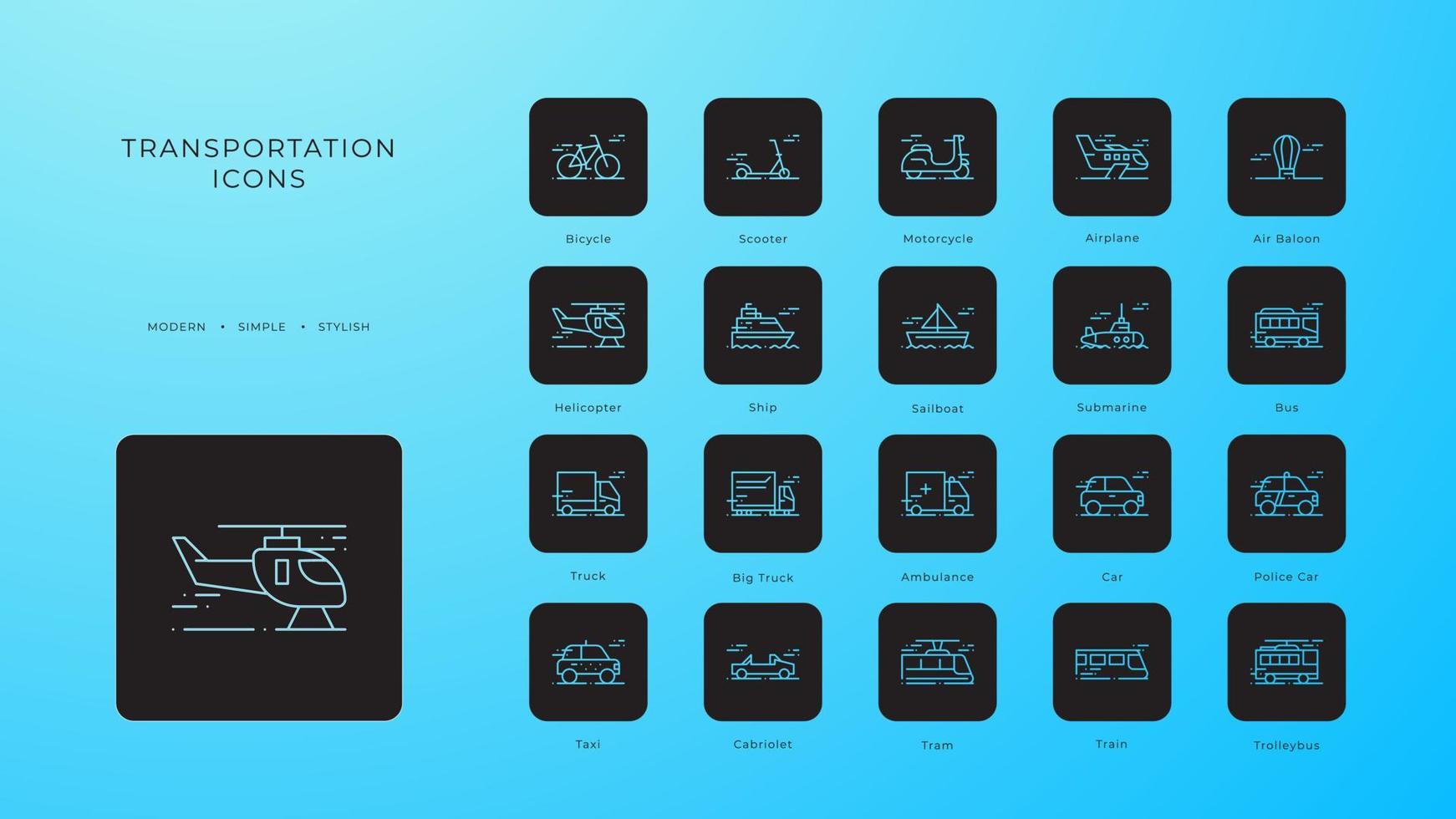 Transport-Icon-Set mit schwarz gefülltem Linienstil. fahrzeug, symbol, transport, linie, umriss, reise, automobil, bearbeitbar, piktogramm, isoliert, flach. Vektor-Illustration vektor