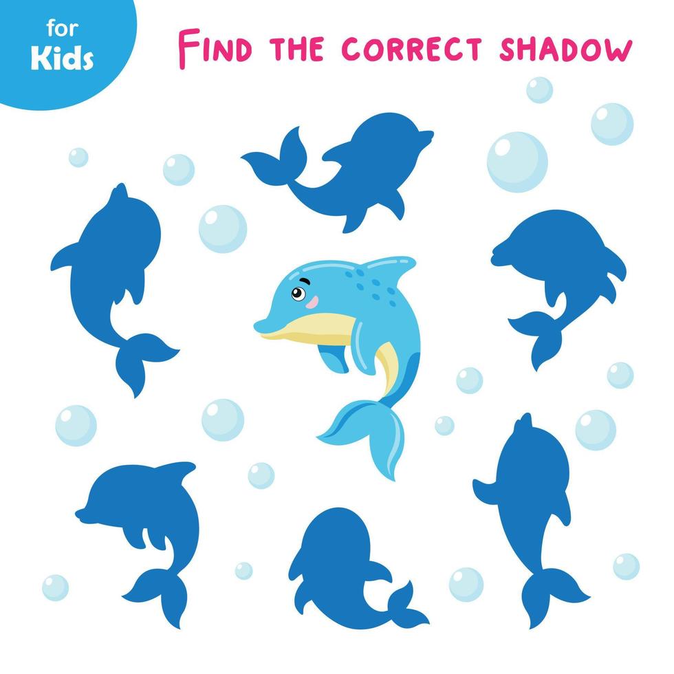 Match the Shadow for the Dolphin, eine Reihe von Lernspielen zum Thema Meer. führt Kinder an Meerestiere heran. eine interaktive und unterhaltsame Aktivität, die Kindern hilft, ihre Beobachtungsgabe zu verbessern vektor