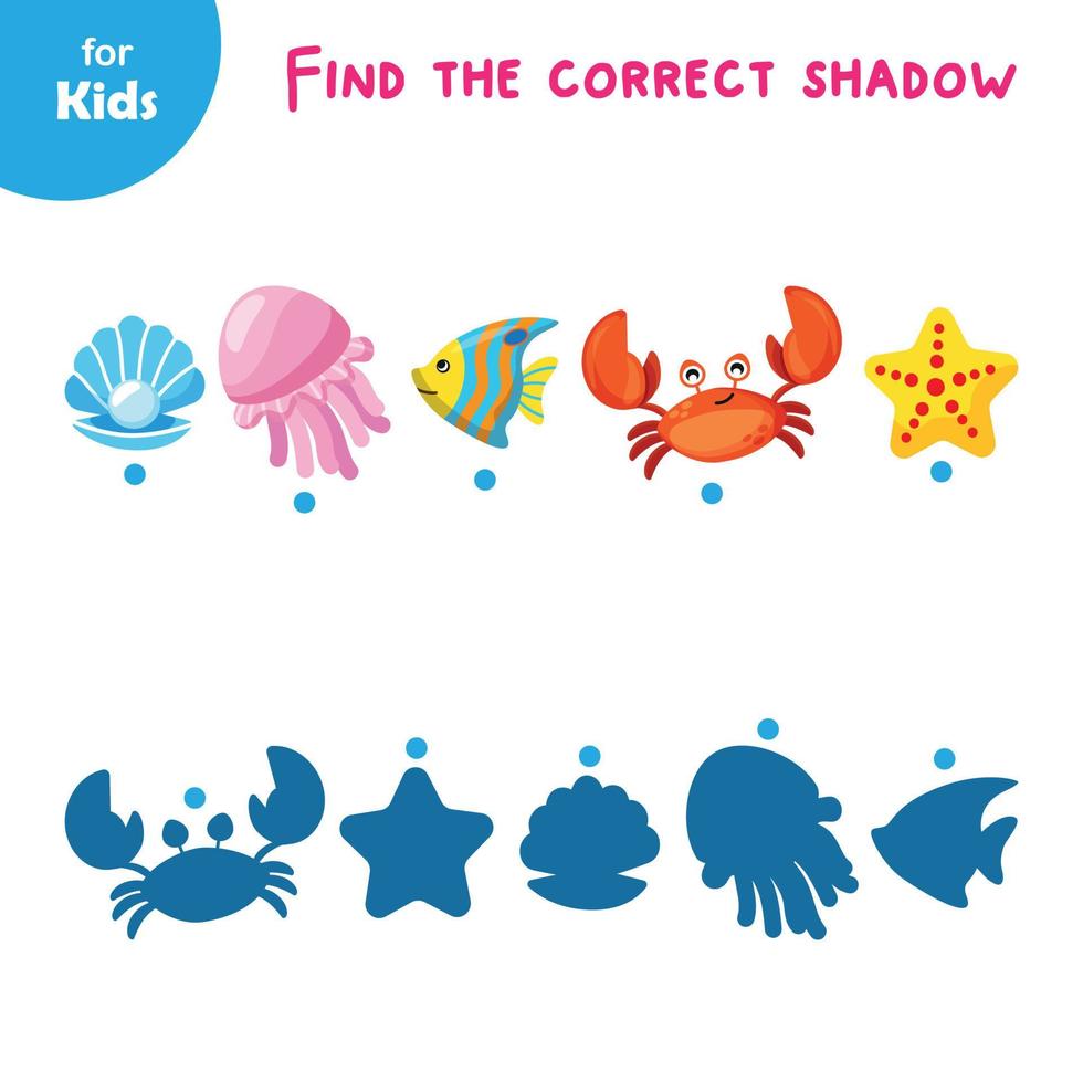 Eine Reihe von Lernspielen zum Thema Meer findet einen Schatten. führt Kinder an Meerestiere heran. eine interaktive und lustige Aktivität, die Kindern hilft, ihre Beobachtungsgabe zu verbessern. vektor