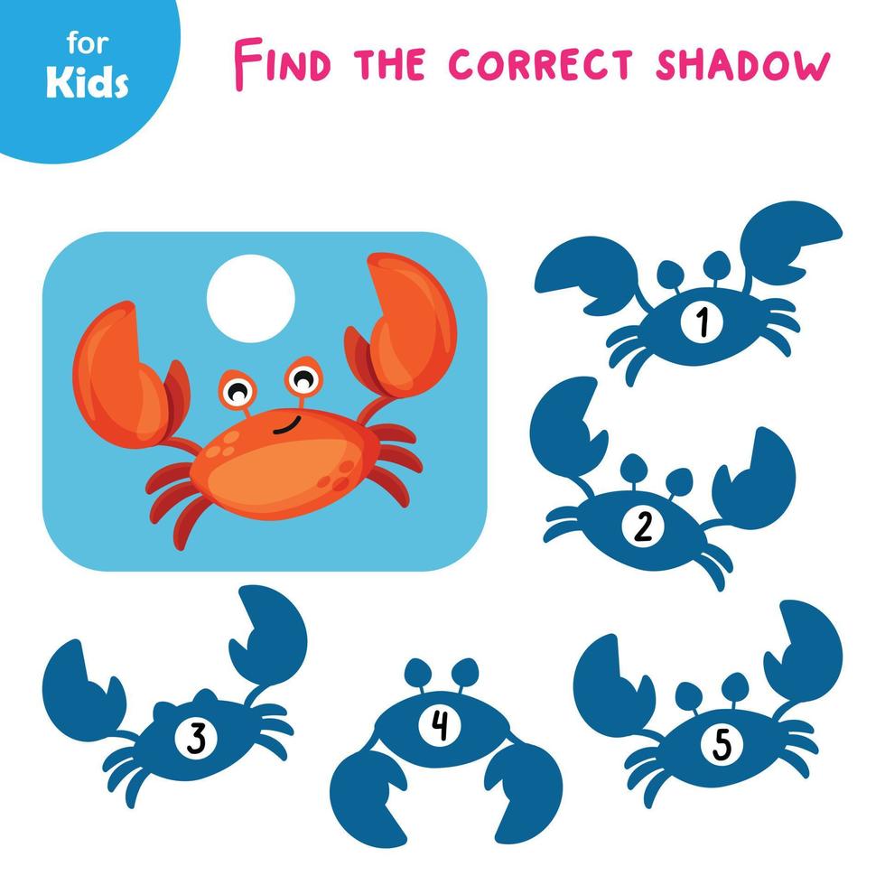 Eine Reihe von Lernspielen zum Thema Meer sammelt einen Schatten für die Krabbe. führt Kinder an Meerestiere heran. eine interaktive, unterhaltsame Aktivität, die Kindern hilft, ihre Beobachtungsgabe zu verbessern vektor