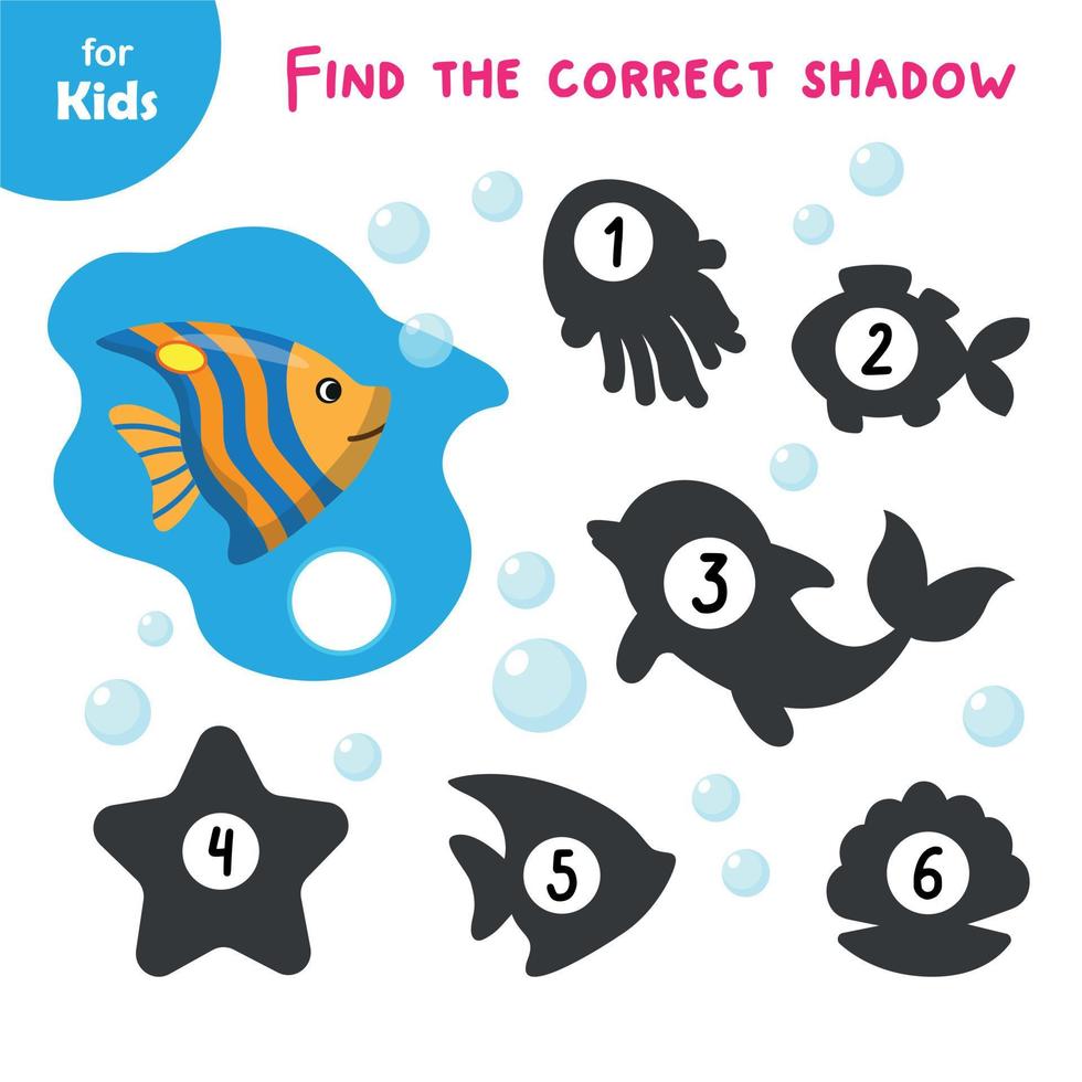 Reihe von Lernspielen zum Thema Meer finde den Schatten des Fisches. führt Kinder an Meerestiere heran. eine interaktive und lustige Aktivität, die Kindern hilft, ihre Beobachtungsgabe zu verbessern vektor