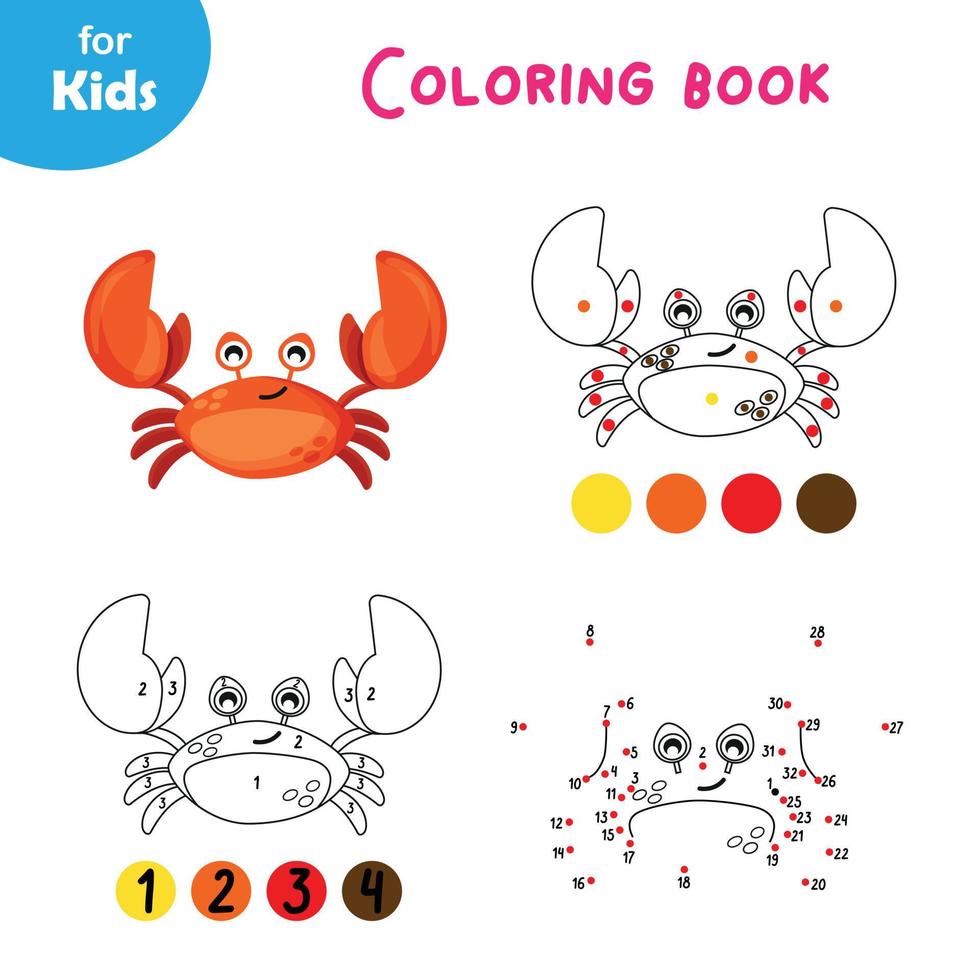 lustiges cartoon rotes krabben-malbuch für kinder. Malen nach Zahlen, Linien verbinden, Punkt zu Punkt. perfekt für die Entwicklung von Feinmotorik und Kreativität. Erziehung von Kindern. nautische Serie von Minispielen vektor