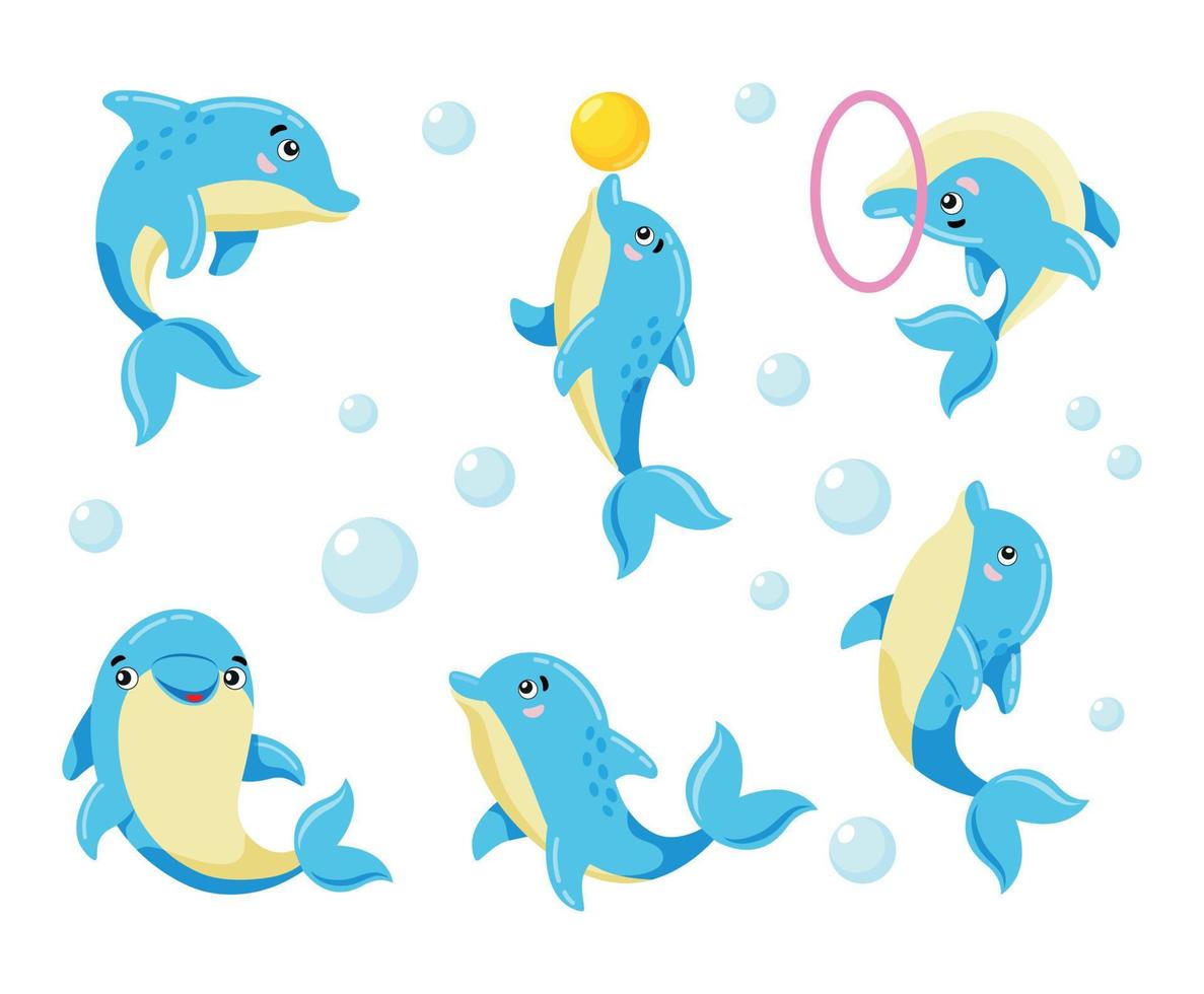 Delfine. Satz von 6 Zeichen. süße und farbenfrohe Bilder eines Delphins im Cartoon-Stil, verschiedene Bilder. für Kinder, Ergänzung zu jedem Zimmer, Spielecke. lehrmaterial oder gestaltungselement. vektor