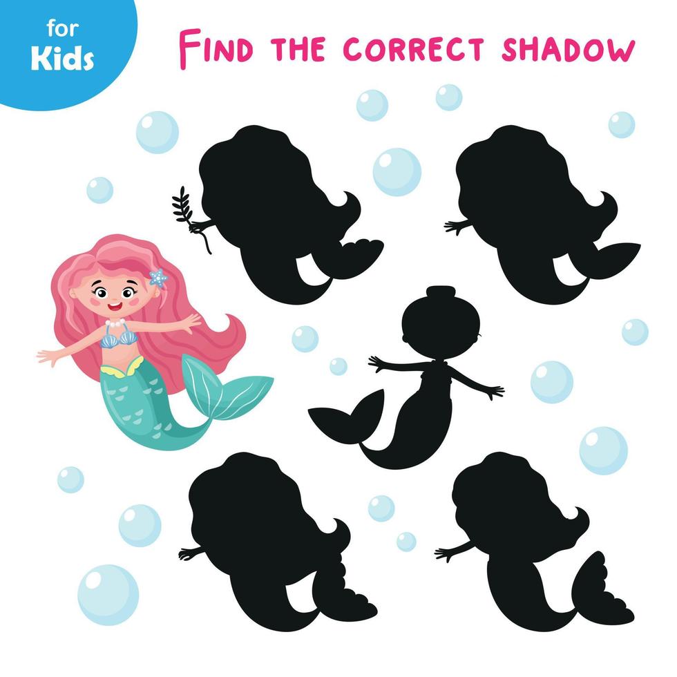 Eine Reihe von Lernspielen zum Thema Meer findet einen Schatten für die Meerjungfrau. führt Kinder an Meerestiere heran. eine interaktive, unterhaltsame Aktivität, die Kindern hilft, ihre Beobachtungsgabe zu verbessern vektor
