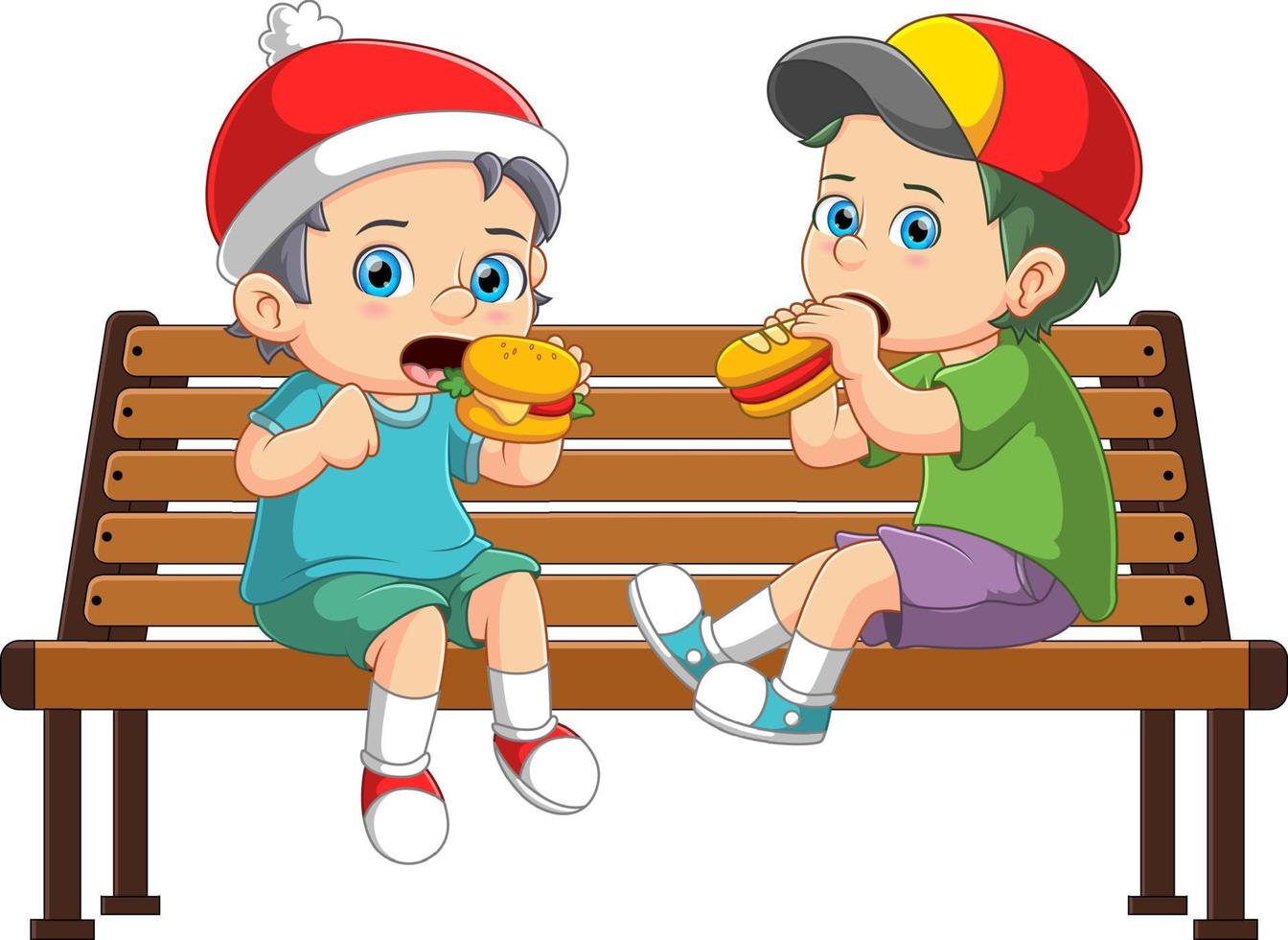 Zwei süße Jungs sitzen auf Parkstühlen und genießen Burger vektor