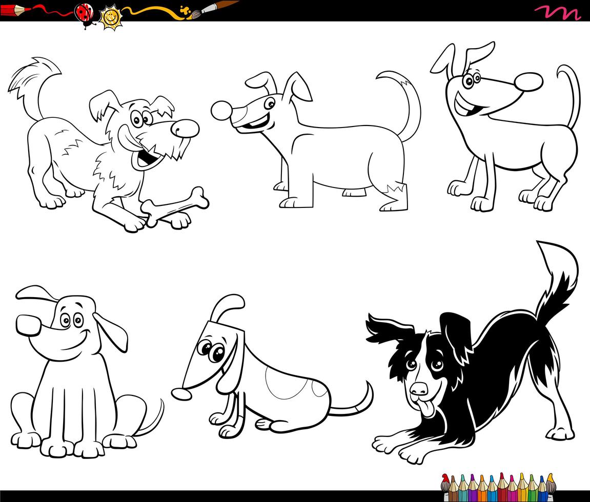 tecknade hundar och valpar anger målarbokssida vektor