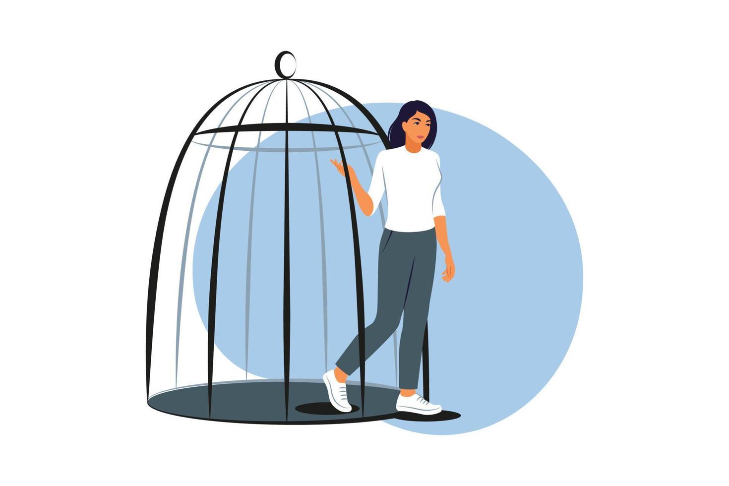 kvinna få ut av bur. Lycklig flicka passande fri, få redo för ny liv utan mental problem. frihet och rehabilitering. vektor illustration.