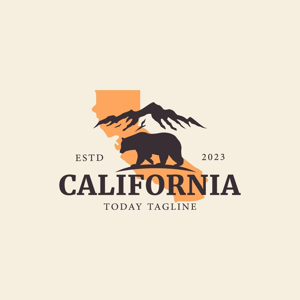 kalifornien vintage typografie grizzlybär logo vektorberg und kartenillustration symboldesign für abzeichen, aufkleber, etikett, marke, hemd vektor