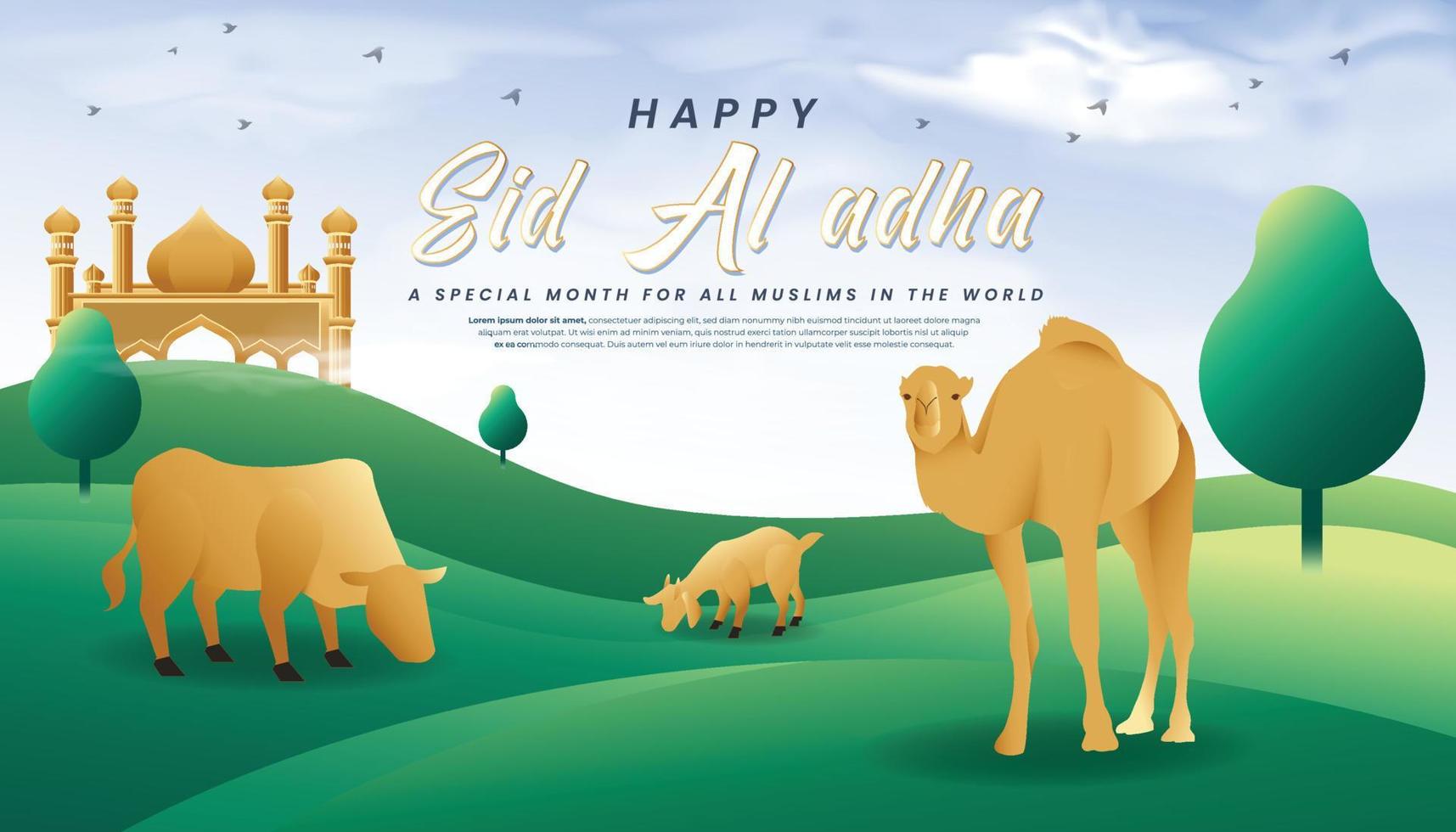 eid al-adha mall design. helig dag för muslims och islam. vektor illustration av ko, get, och kamel äter gräs. lämplig för affischer, banderoller, webb kampanjer, och hälsning kort.