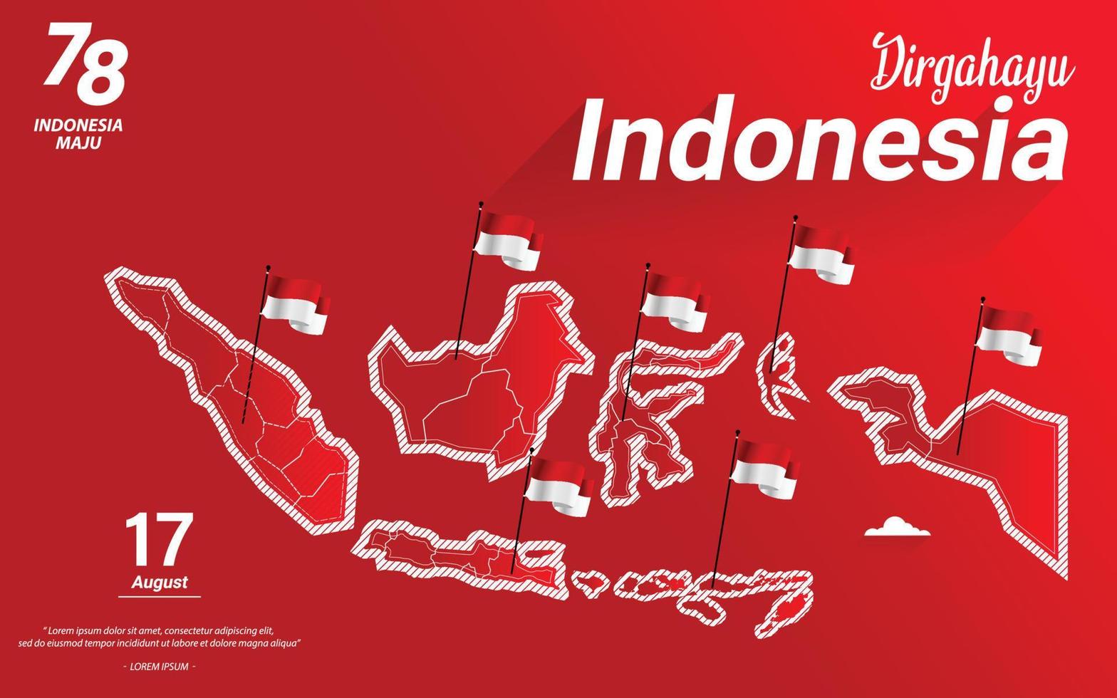 indonesischer unabhängigkeitstag 17. august, karte von indonesien, postvorlage indonesische unabhängigkeitstag postvorlage - illustration karte des indonesischen territoriums mit vielen inseln. vektor
