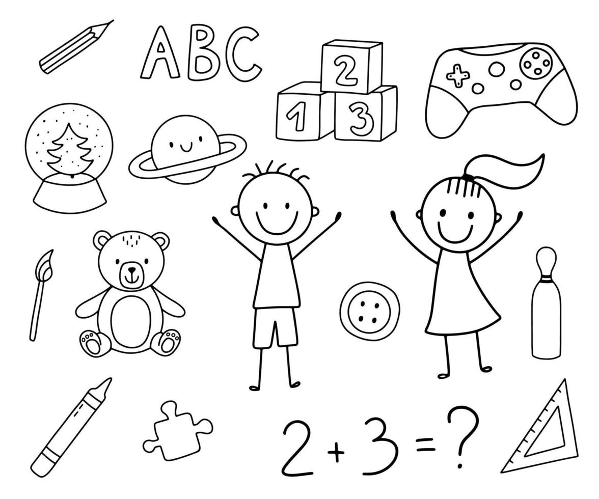 uppsättning av söt klotter skisser på tema av barndom och leksaker. pojke, flicka, joystick, pennor och Björn. linje vektor illustration isolerat på vit bakgrund