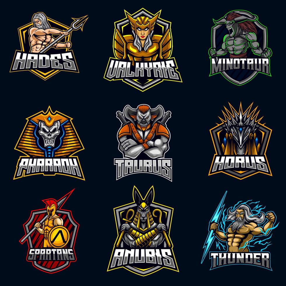 mythischer Gott Charakter E-Sport Logo Design Bundle Set Hades, Walküre, Minotaurus, Pharao, Stier, Horus, Spartaner, Anubis, Zeus, Symbol, Vektor-Gaming-Team vektor