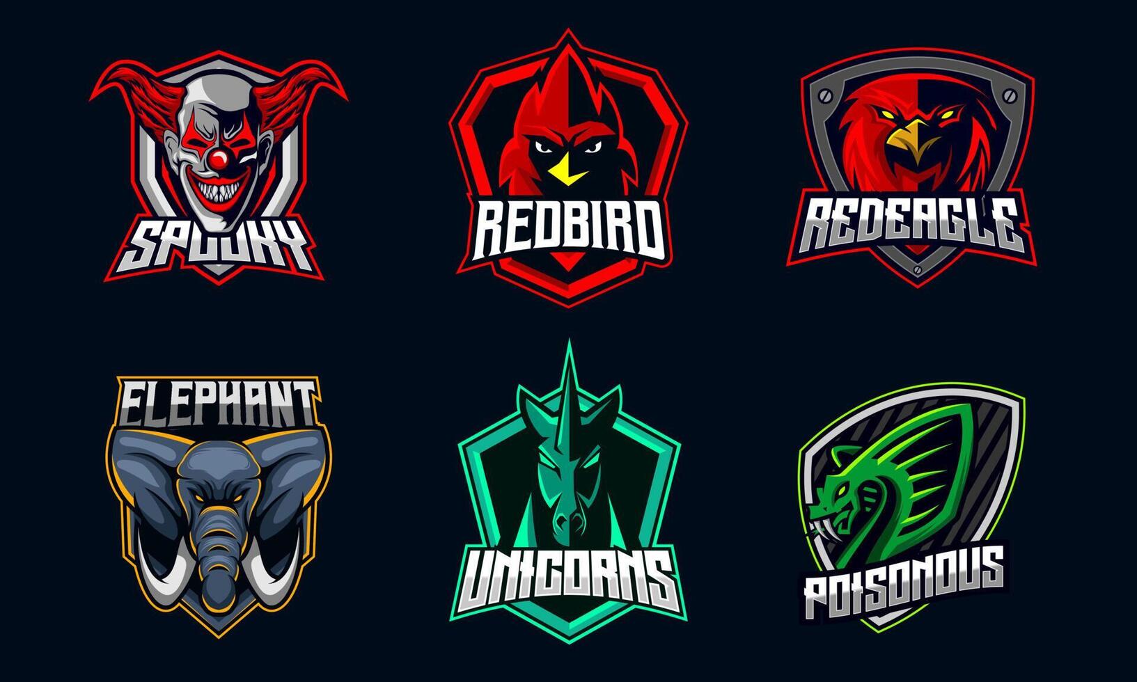 E-Sport-Logo-Design-Bundle-Set, Symbol, Icon-Sammlung mit Clown, Adler, Vogel, Kobra, Elefant, Einhorn. vektor