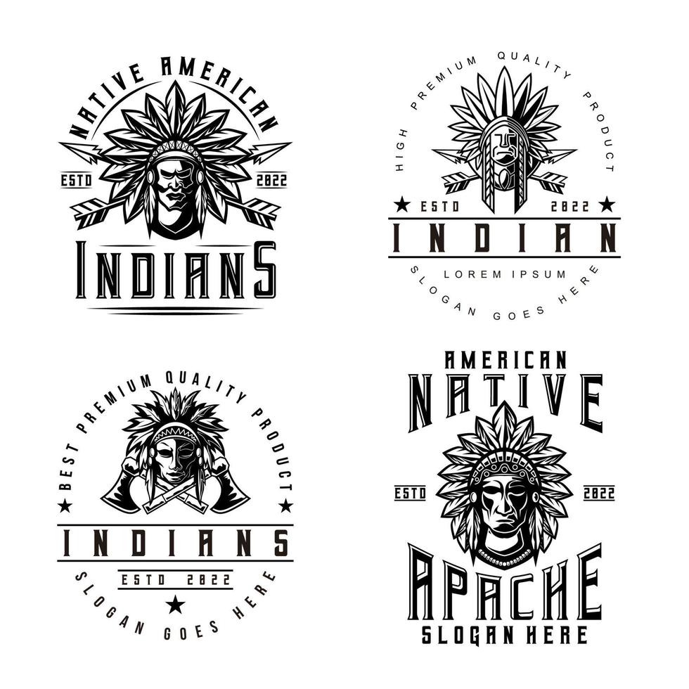 Apache Indianer Logo Bundle Set Vintage-Stil Chef Maskottchen Design Charakter Schwarz-Weiß-Silhouette-Vektor-Illustration vektor