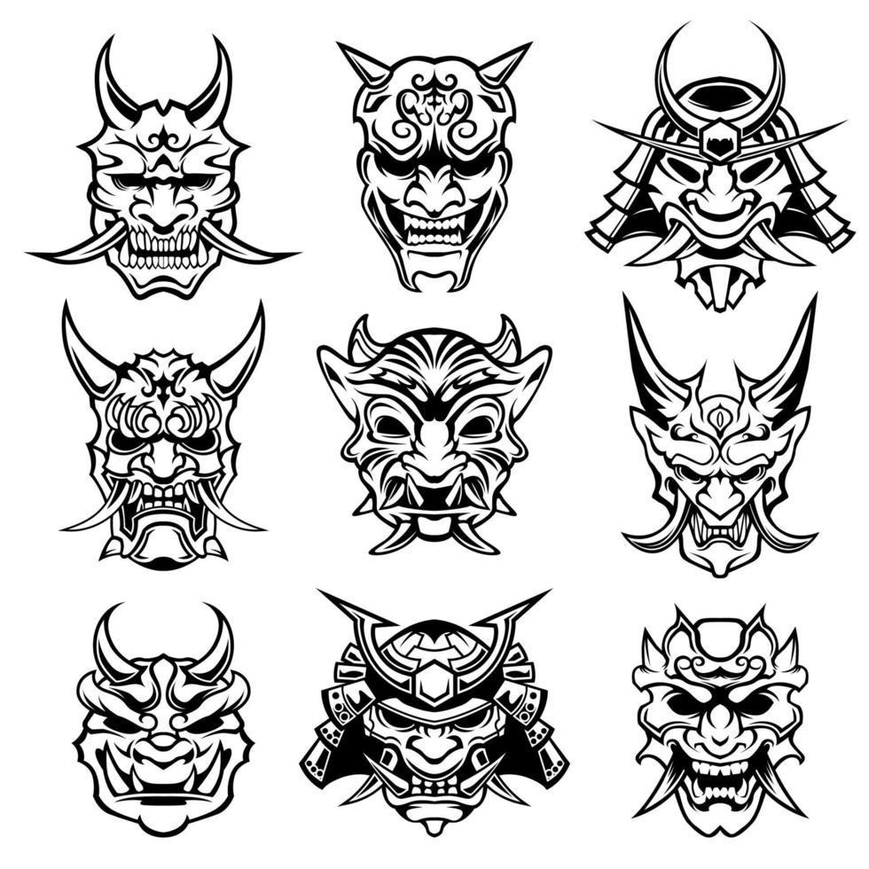 uppsättning av årgång samuraj mask vektor bunt element. samuraj krigare design illustration.