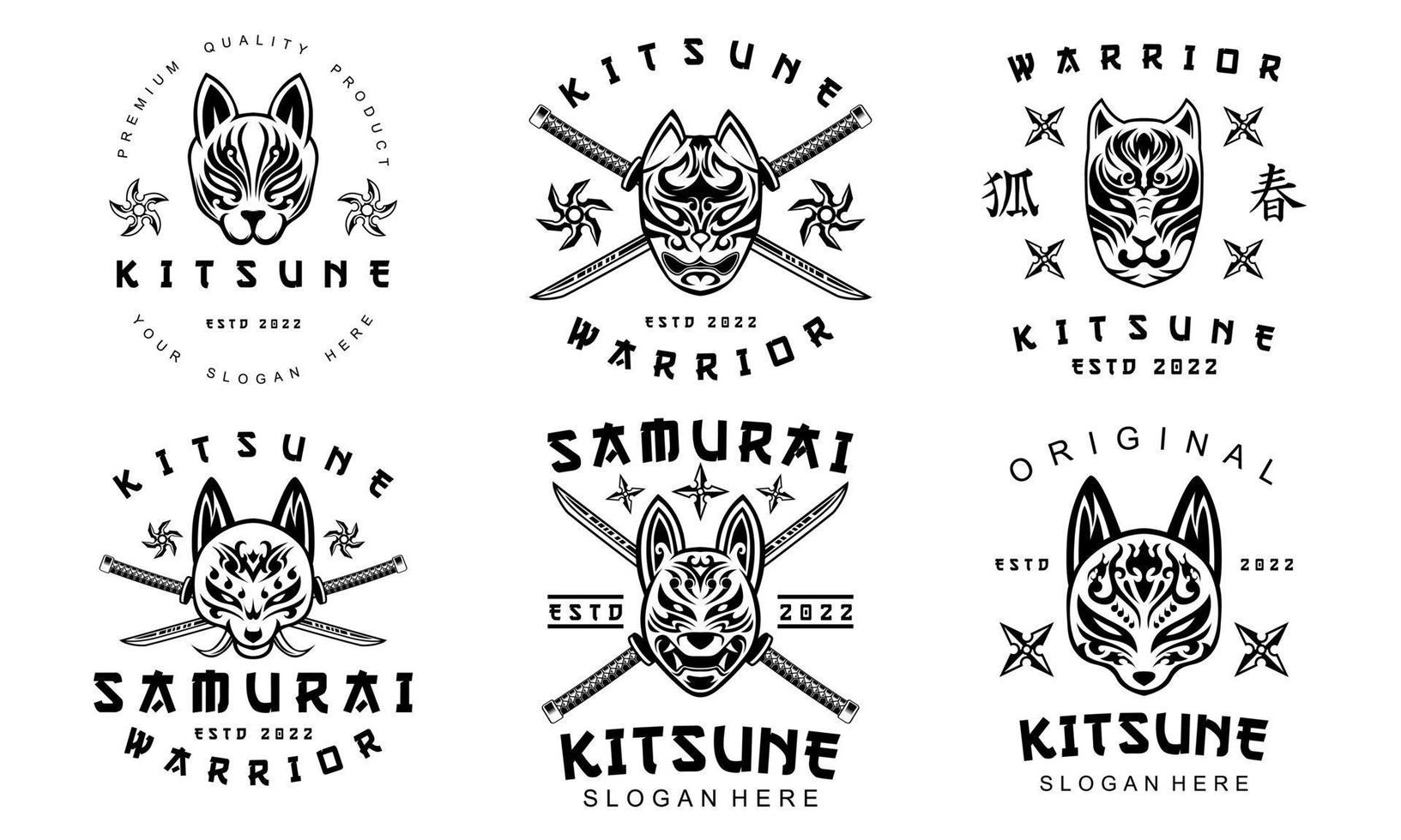 Kitsune Logo Bundle Samurai Japanese Wolf Logo im Vintage-Stil in schwarz-weißer Vektorgrafik vektor
