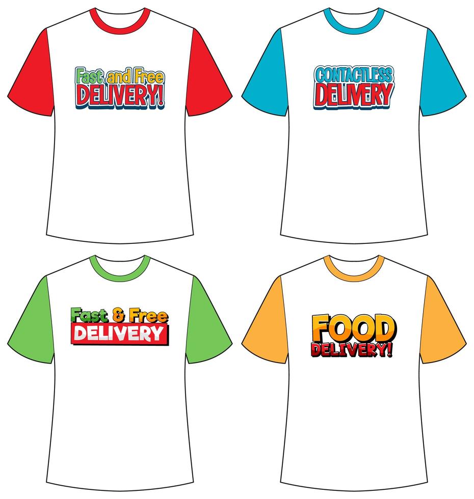 uppsättning av olika typer av leverans logotyp skärm på olika färger t-shirt isolerad vektor