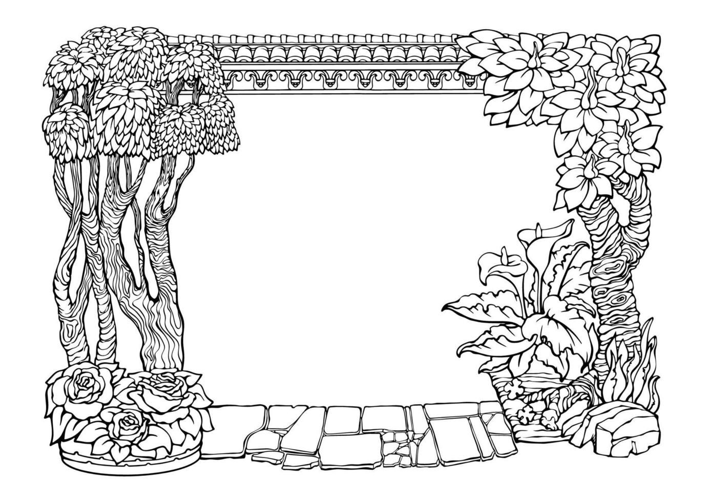 blommig gräns med träd, blommor, och trottoar. ram. översikt vektor. vektor