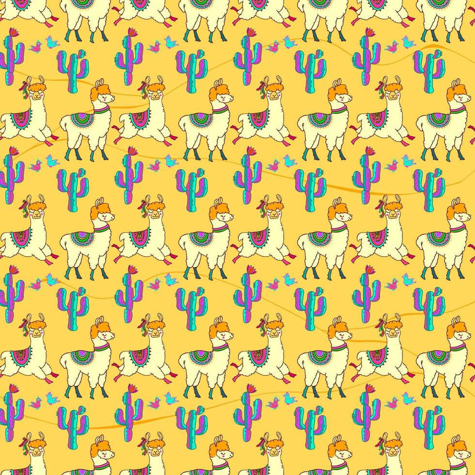 lama sömlös mönster. djur och kaktusar på gul bakgrund. vektor. vektor