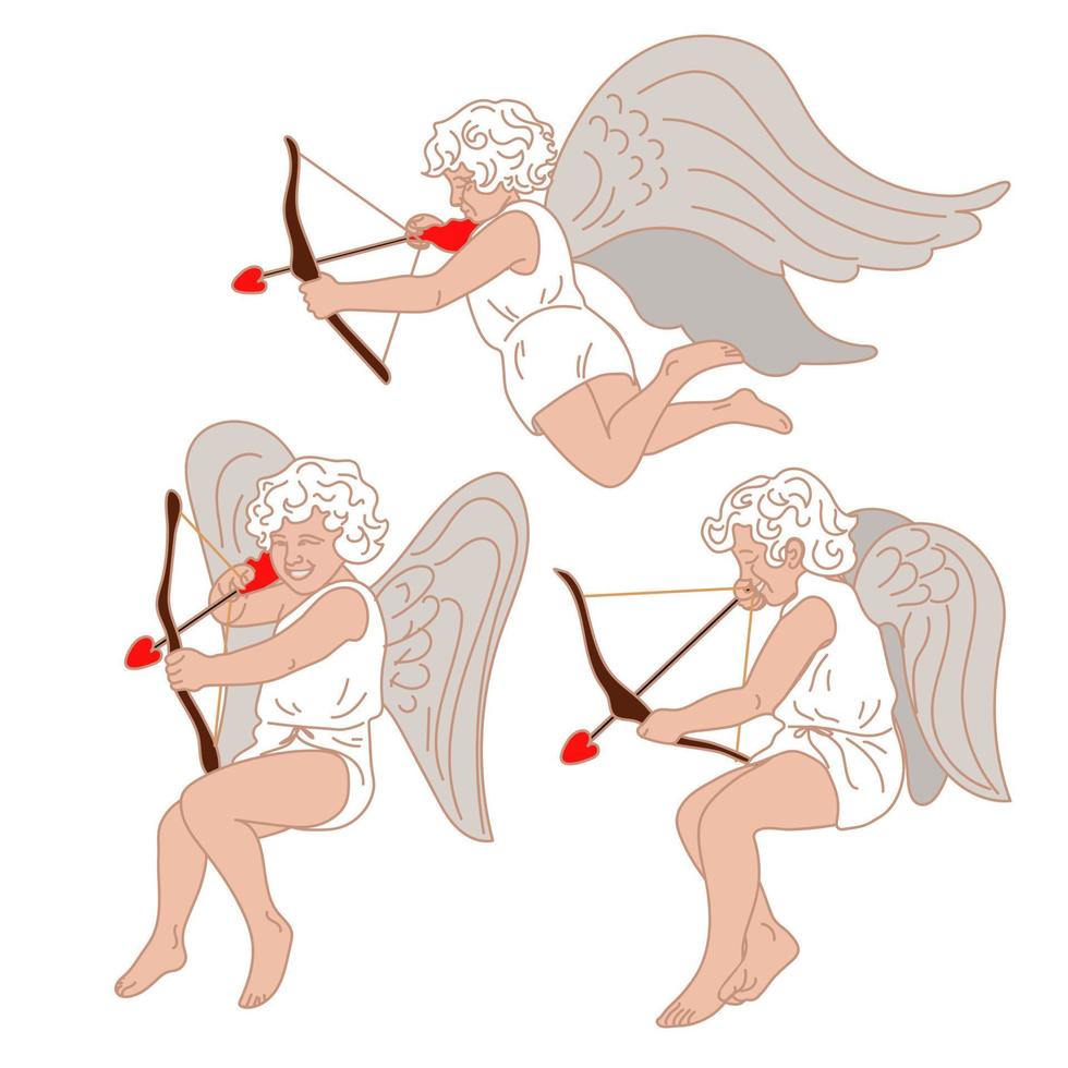 en uppsättning av cupids. barn är tycka om änglar med vingar, en rosett och pilar. isolerat illustration för utskrift på vykort och banderoller. för använda sig av i tryckt dekorer. årgång, retro stil vektor