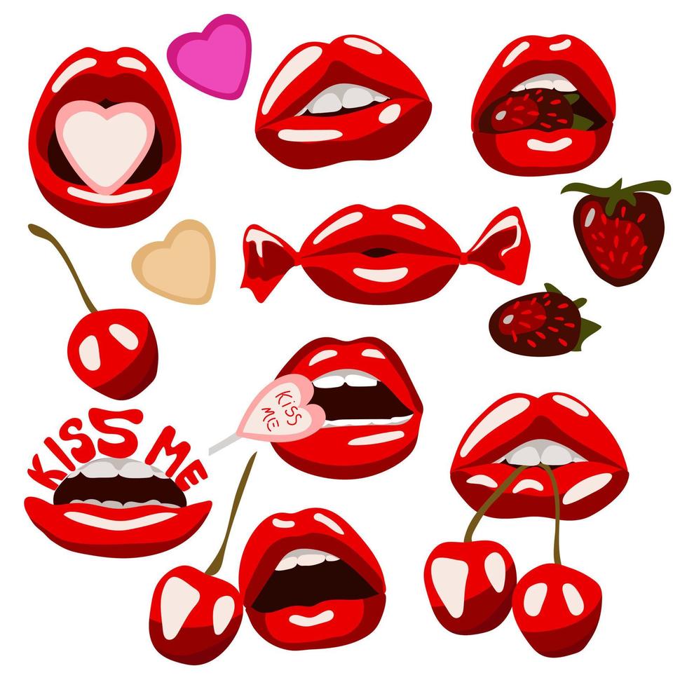 eine reihe roter lippen mit süßigkeiten, erdbeeren, kirschen. Süßigkeiten in deinem Mund. illustration zum bedrucken von bannern. vektorillustration von sexy weiblichen lippen. ein Kuss. isoliert auf weißem Hintergrund. vektor